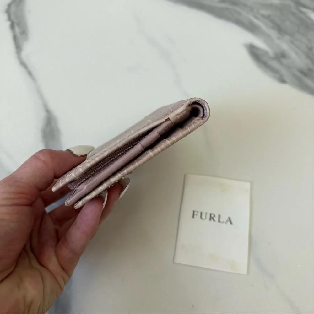 FURLA Baby Pink Croc-Embossed Leather Wallet – Genuine Leather, Button Closure